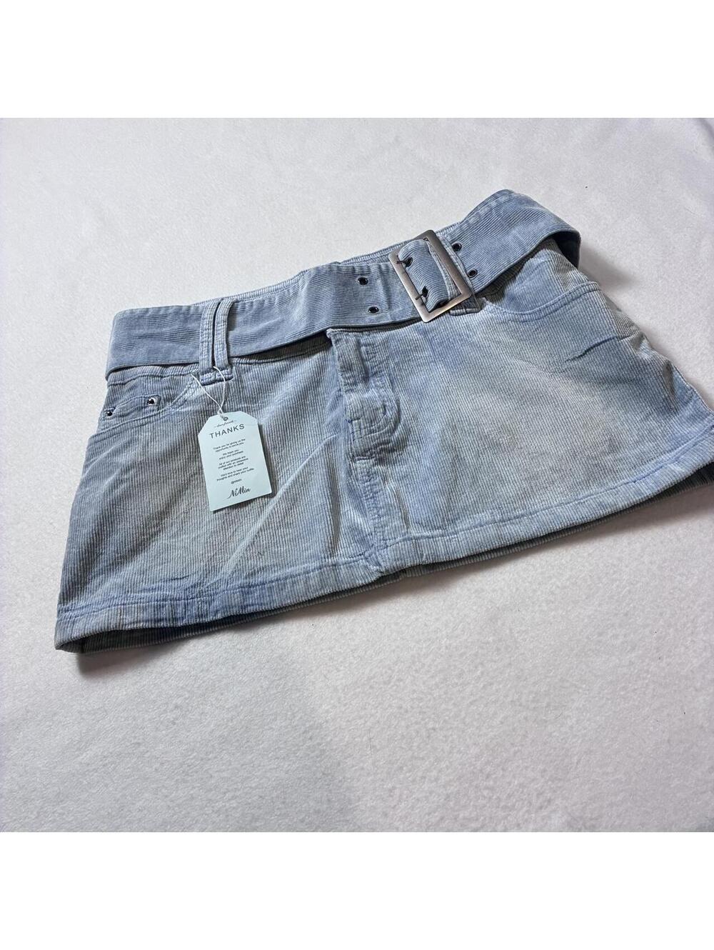 NiMin Light blue corduroy mini skirt chunky buckle belt NWT new with tags medium
